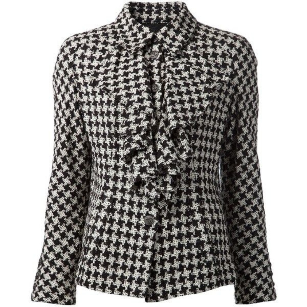 CHANEL Houndstooth Ruffled Knit Top
